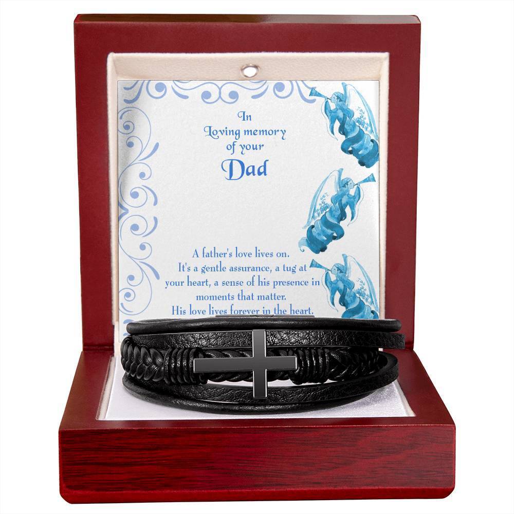 A Father's Love Lives On Men's Cross Bracelet - Vegan Leather With Stainless St